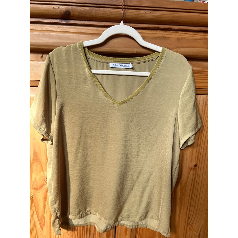 Calvin Klein Jeans Womens V-Neck Short Sleeve Top Olive Green Size M